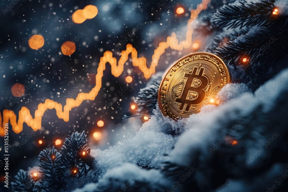 Poster Golden bitcoin coin is lying on snow near christmas tree branch with lights and raising graph in background during snowfall