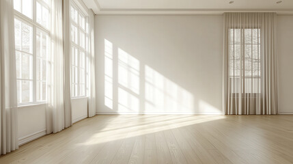 Obraz premium Bright, Scandinavian inspired living room with large windows and wooden flooring, creating warm and inviting atmosphere. Natural light casts beautiful shadows across space