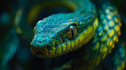 Fototapeta premium Close-up of a vibrant green snake's head.