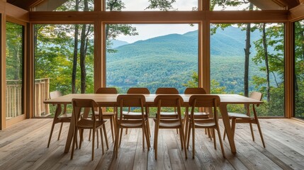 Obraz premium Wooden Dining Table Mountain View Cabin Interior