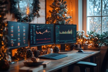 Stock market trader working from home office during christmas holidays