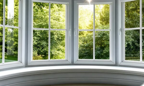 Natural light fills a cozy corner with bay windows showcasing vibrant outdoor greenery, creating a peaceful and inviting atmosphere