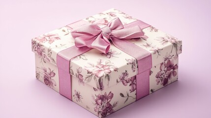 A decorative gift box with a delicate floral pattern and a pink ribbon bow.
