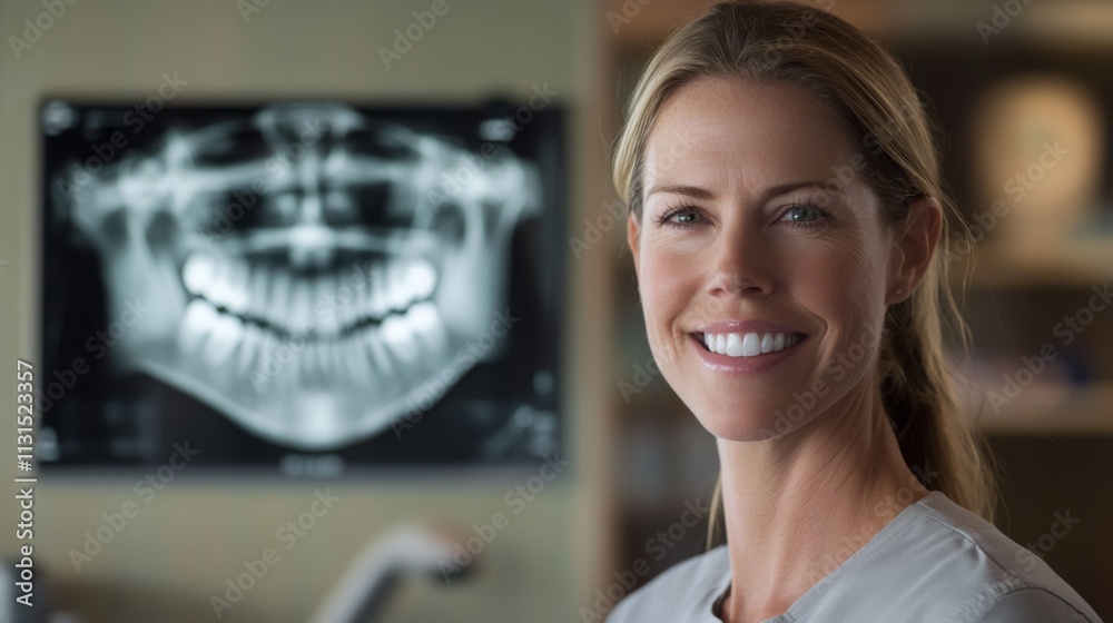 Poster a dental professional smiles confidently in a modern clinic, showcasing advanced ai tools and a digi