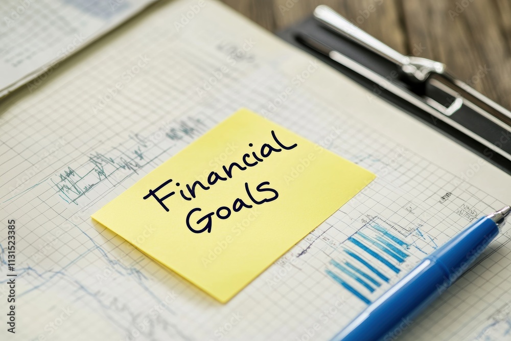 Aufkleber a closeup of a vibrant sticky note with financial goals on a notepad filled with graphs and charts, 