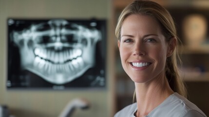 Fototapeta premium A dental professional smiles confidently in a modern clinic, showcasing advanced AI tools and a digital X-ray display. The environment reflects a commitment to patient care and innovative practices.