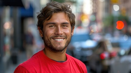 Obraz premium Happy young man smiling outdoors in urban setting.