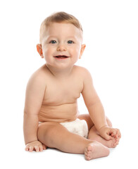 Little baby in diaper on white background