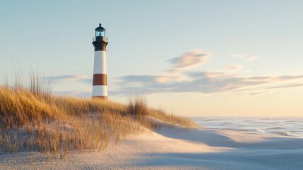 Tranquil lighthouse standing on a sandy beach at sunrise.