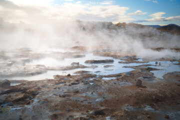 Steaming geothermal field Hverarönd (Hverir) at Námafjall (Námaskarð), Iceland, resembling a...