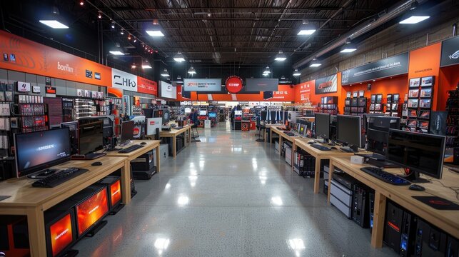 Interior of a large computer store with many computers and displays on tables, showcasing technology and retail space.