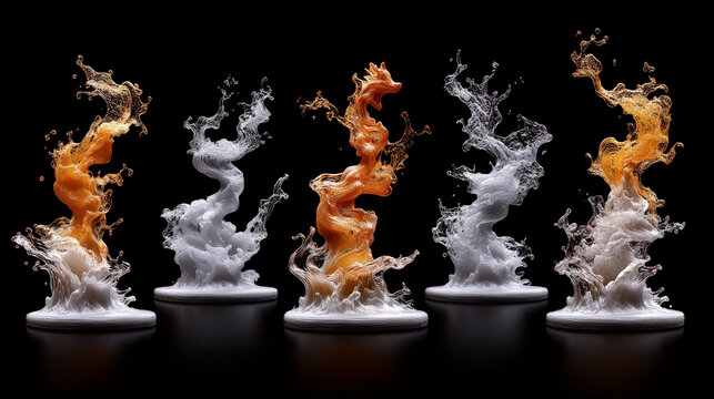 Liquid Abstract Art: A mesmerizing collection of five 3D rendered liquid splashes, swirling in vibrant orange and white, creates a stunning visual symphony against a black background.  