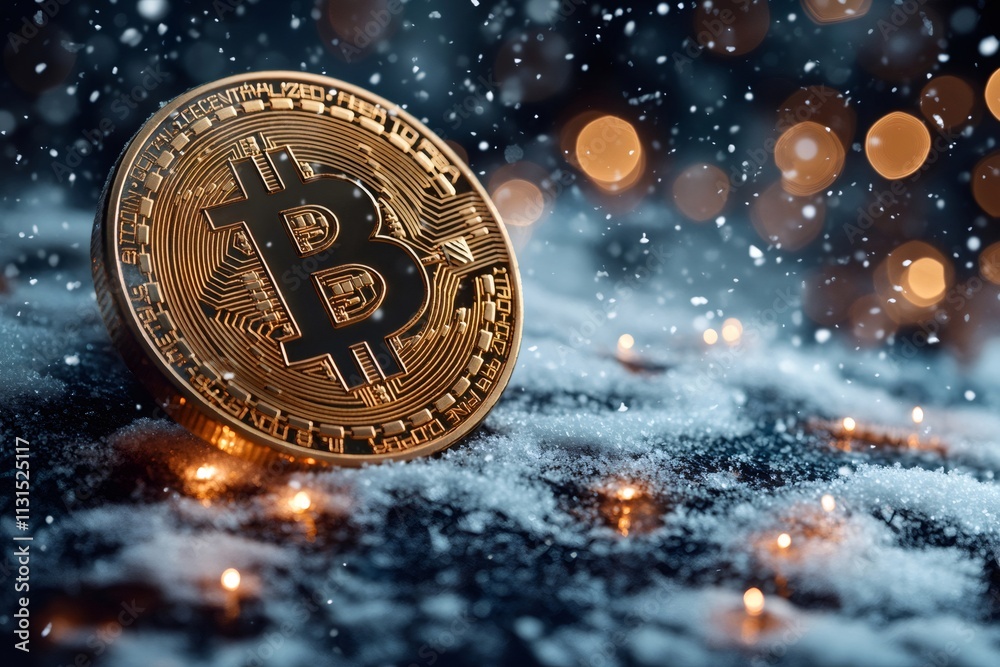 Poster bitcoin cryptocurrency coin resting on snow with falling snowflakes and christmas lights