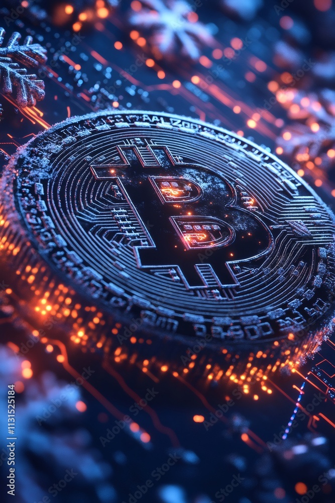 Poster Frozen bitcoin resting on circuit board with snowflakes falling