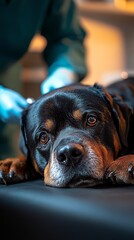 Obraz premium A Rottweiler calmly rests on an examination table while receiving a health check from a veterinarian wearing blue gloves.