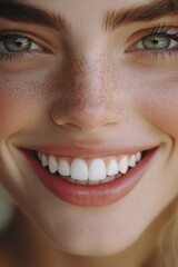 Fototapeta premium Bright smile and green eyes create an engaging close-up portrait of a freckled face exuding happiness and warmth.