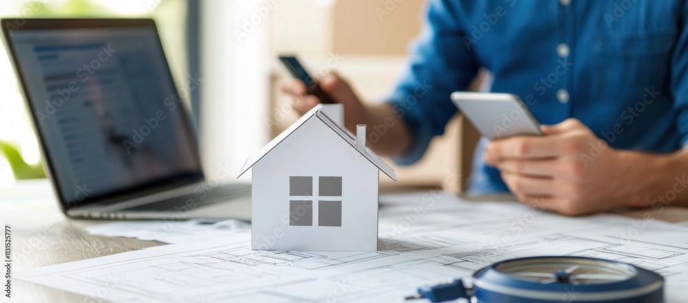 Poster An individual is outlining objectives for their home improvement project using a laptop and smartphone while consulting architectural plans, demonstrating commitment to effective planning for success