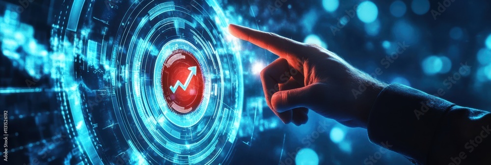 Poster a person’s hand reaching towards a futuristic digital interface with a red upward arrow, symbolizing