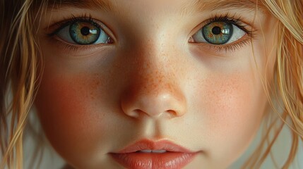 Close-up portrait, freckled girl, green eyes.