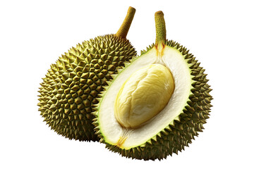 Obraz premium Closeup of whole durian and one cut, creamy flesh isolated on white transparent background, exotic fruit concept