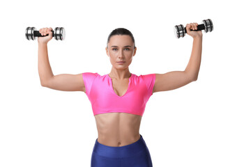 Woman exercising with dumbbells on white background