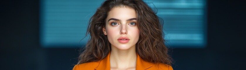 Obraz premium Woman in Orange Blazer Close-up Portrait, Teal Background