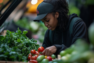University student selects fresh produce at campus market during afternoon hours