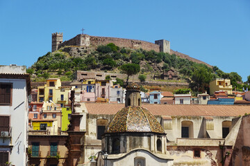 Bosa and its castle seen from the river Temo, Sardinia, Italy