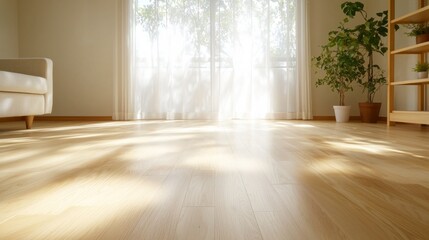 Fototapeta premium Sunlight Streaming Through Sheer Curtains onto Light Wood Floor