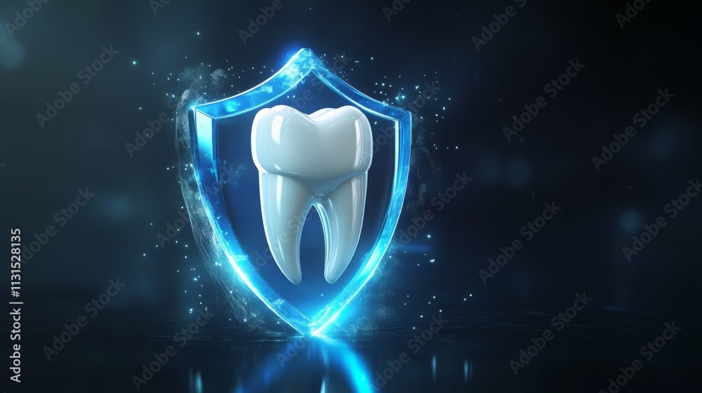 Poster this illustration showcases a 3d tooth icon set within a blue shield, symbolizing the use of artific