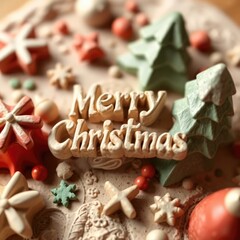 A high angle perspective sculptural clay art piece of Merry Christmas, showcasing modeled shapes and textured surfaces