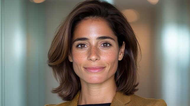 Portrait of a Woman Shoulder-Length Brown Hair, Freckled Complexion, Neutral Background
