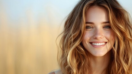 Obraz premium Golden Hour Smile Close-Up Portrait, Wavy Blonde Hair, Natural Beauty