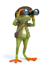 Obraz premium Cool 3D cartoon frog in outdoor outfit, observing with binoculars.