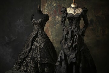 Two ornate, dark gowns on display.
