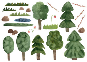 Hand drawn watercolor illustrations of forest plants in childish style. Natural summer landscape clipart collection: trees, strawberry, lake, stones, grass isolated on transparent background.