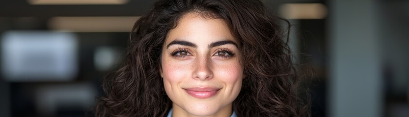 Obraz premium Close-Up Portrait Woman with Curly Brown Hair, Soft Focus Background, Gentle Smile