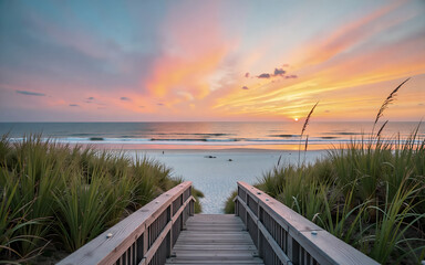 Fototapeta premium Golden Sunrise Over a Sandy Beach