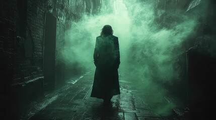 Obraz premium Loki in a dark alley, his figure cloaked in shadows, with ethereal green smoke swirling around him