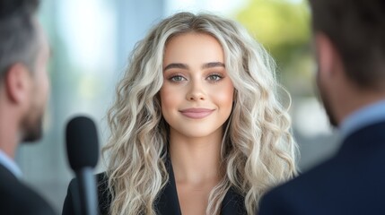 Fototapeta premium Blonde Woman Interview Close-Up Portrait, Soft Focus Background