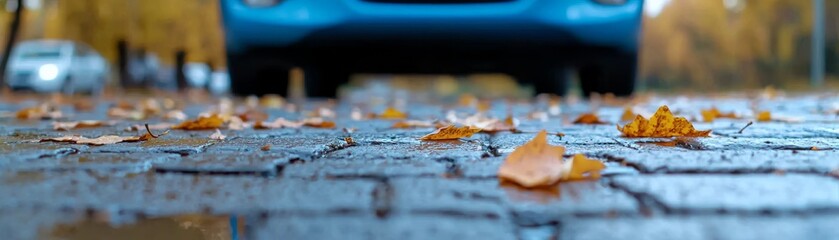 Autumn Leaves and Blurred Car Low Angle, Wet Cobblestone Street