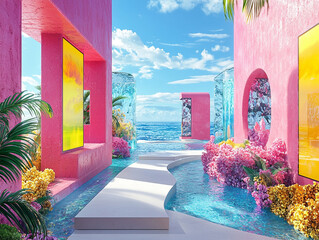 Fototapeta premium Vibrant coastal oasis modern art installation seaside digital art bright and colorful ai generated landscape