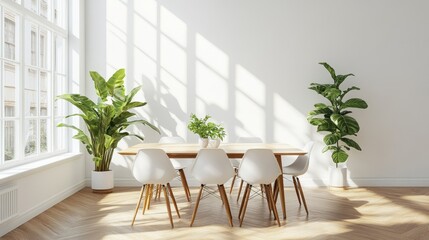 Fototapeta premium Modern Dining Room With Plants And Sunlight