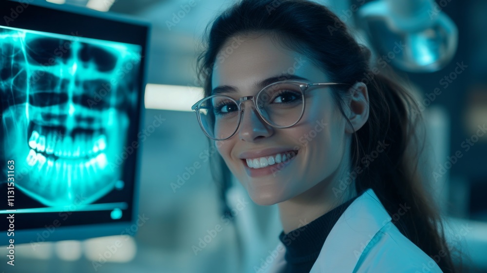 Poster a dental professional reviews an advanced digital x-ray displaying teeth and jaw structure. the sett