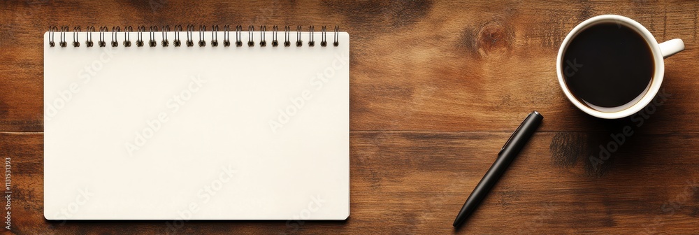 Poster A blank notepad next to a steaming cup of coffee on a rustic table creates an inviting atmosphere that encourages focus, sparks creativity, and aids in effective goal setting and planning