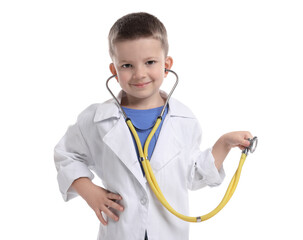 Little boy with stethoscope pretending to be doctor on white background. Dreaming of future...