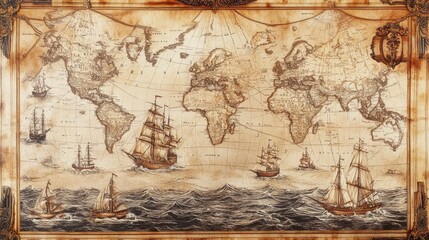 Fototapeta premium Antique world map; sailing ships on ocean waves.
