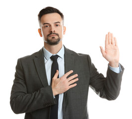 Man making promise with raised hand on white background. Oath gesture