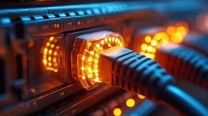 Network wires glow with encrypted signals representing secure digital communications in a modern data center
