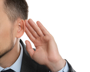 Man showing hand to ear gesture on white background, closeup